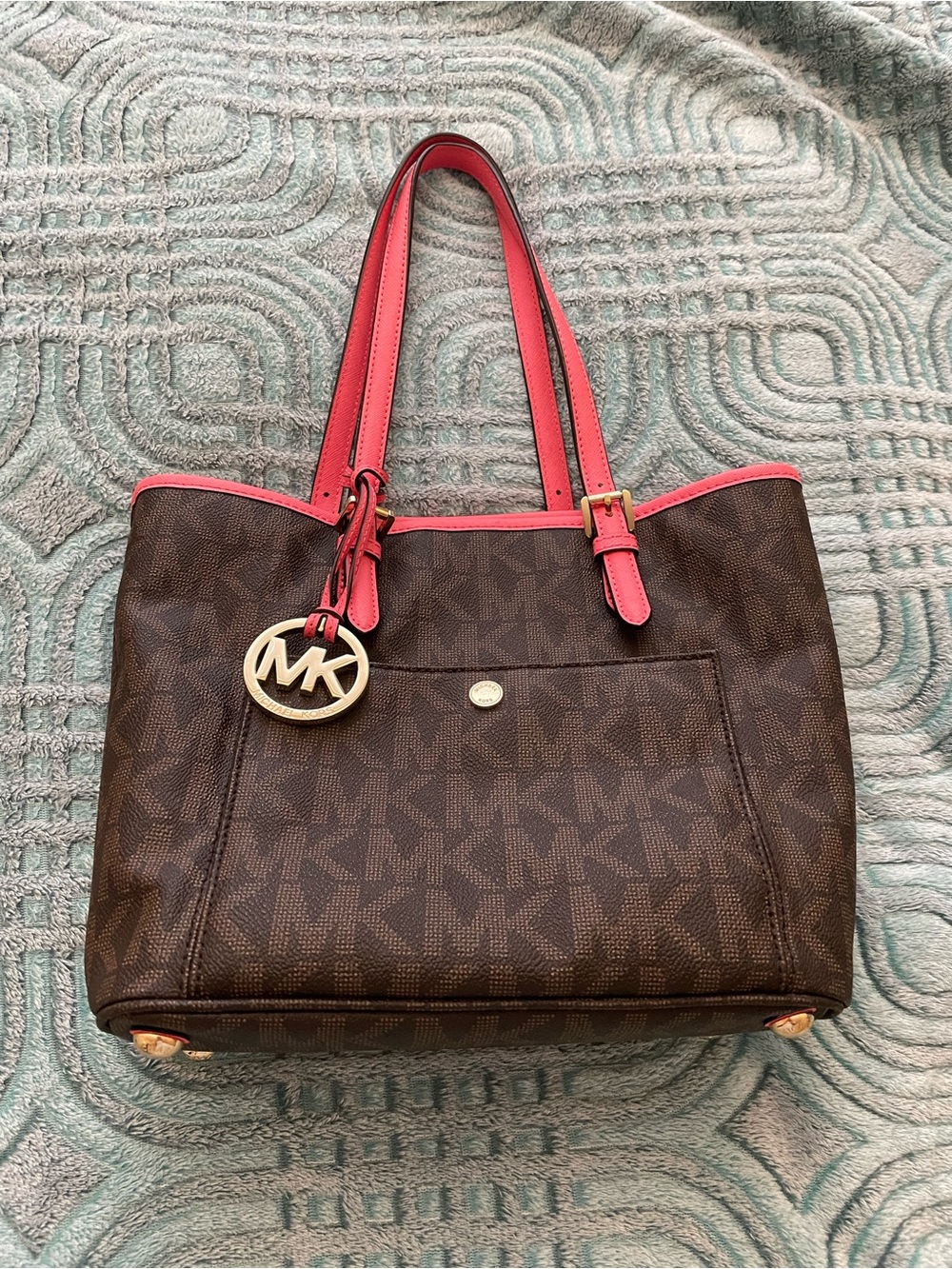 Michael Kors Brown Tote with Pink Trim and Gold Hardware